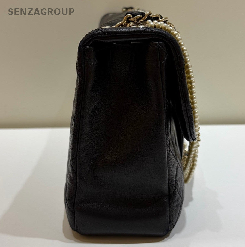 Chanel Diamond Pearl Chain Shoulder Bag Black Gold Used Women Classic Fashion