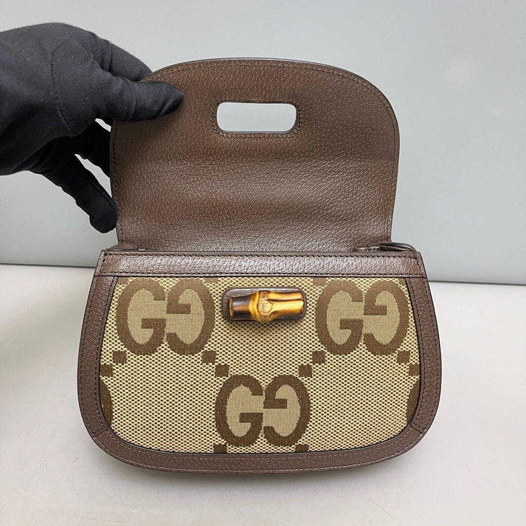 Authentic Gucci Bamboo Canvas Top Handle Crossbody Bag Brown Gold Hardware