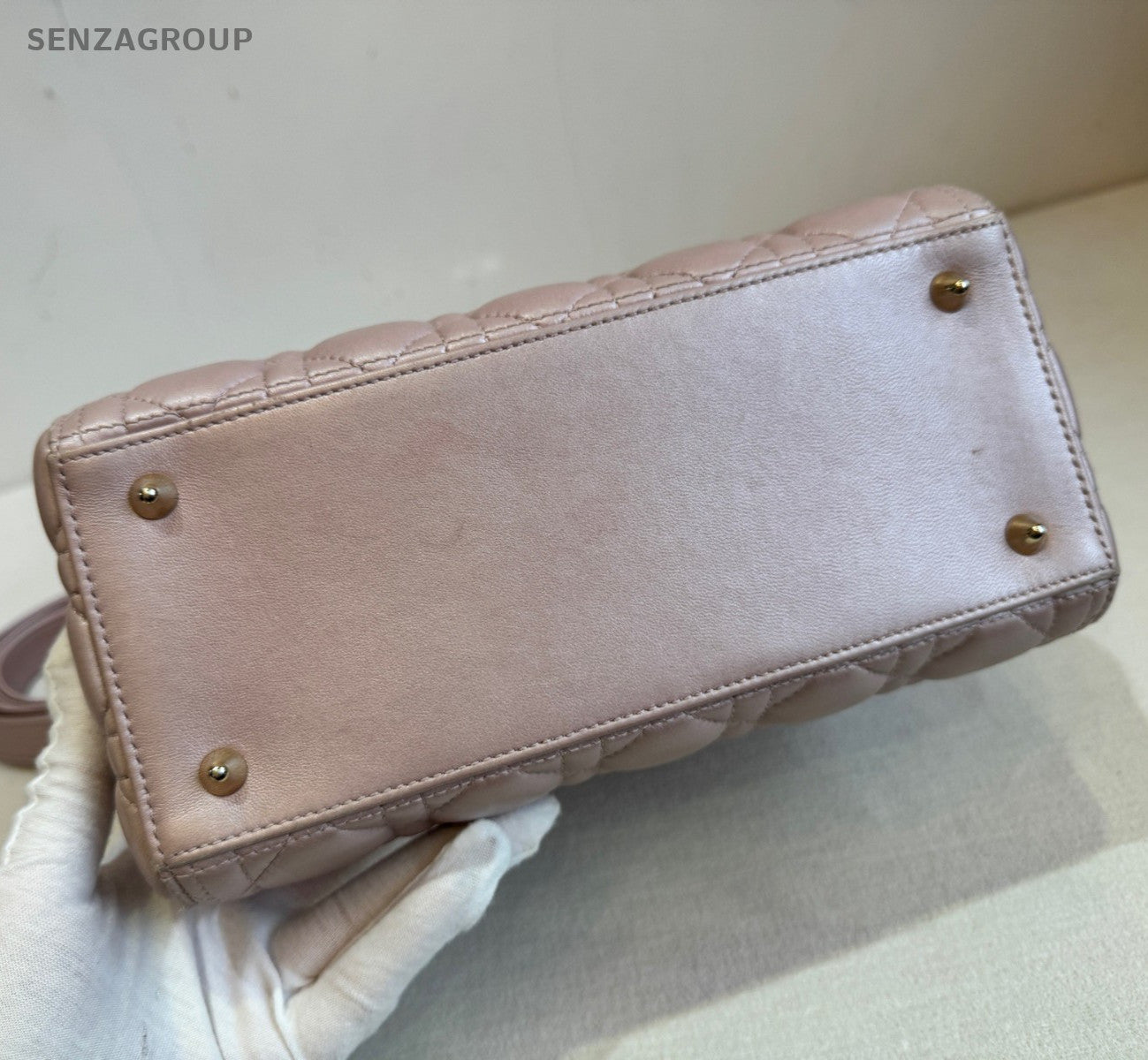Christian Dior Lady Dior Lambskin Top Handle Bag Crossbody Pink Gold Used Women