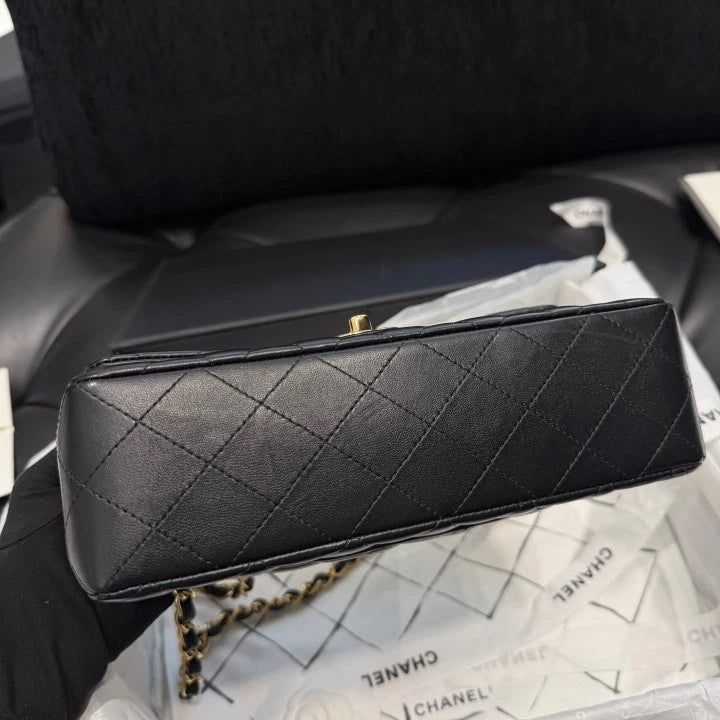 Chanel Classic Flap PM Lambskin Chain Shoulder Bag Black Gold Hardware Women D