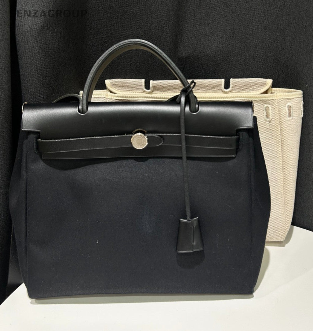 Hermes Herbag31 Top Handle Canvas Shoulder Handbag Black White Classic