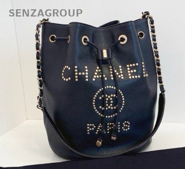 Chanel Calfskin Bucket Chain Shoulder Bag Crossbody Black Gold Women Classic