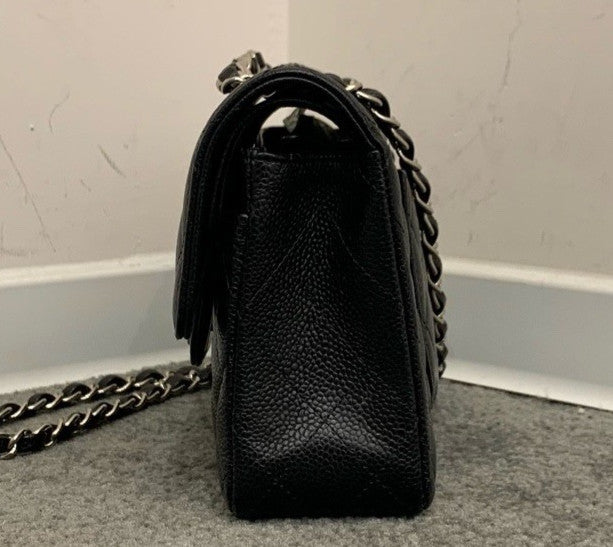 Chanel Classic Flap PM Calfskin Chain Shoulder Bag Crossbody Black Silver Women