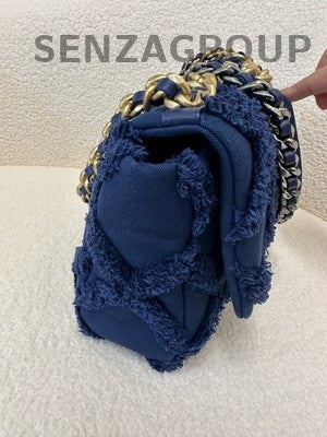 Chanel 19 Bag Maxi Fringe Chain Shoulder Bag Blue Gold Women's