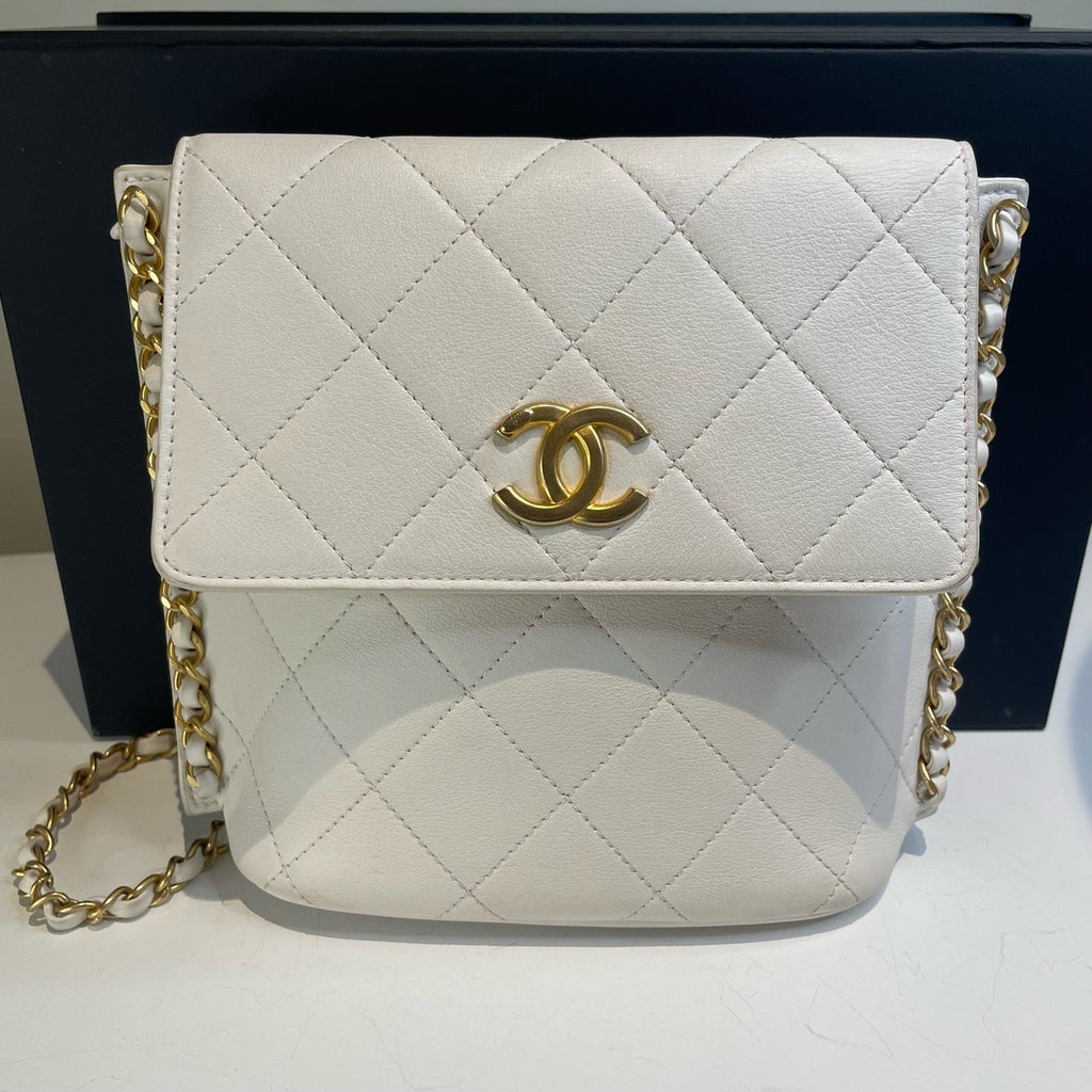Chanel Diamond Chain Hobo Bag Calfskin Shoulder Bag White Gold Women Classic