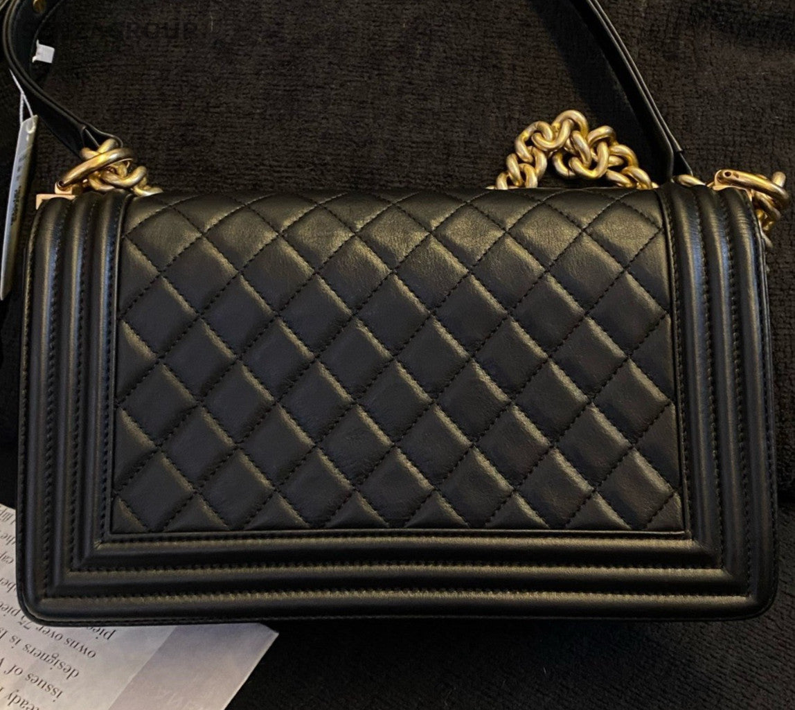 Chanel Leboy MM Calfskin Chain Shoulder Bag Crossbody Black Gold Women Classic