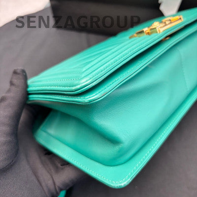 Chanel Le Boy Medium V-Stitch Chain Shoulder Bag Green Gold Clasp