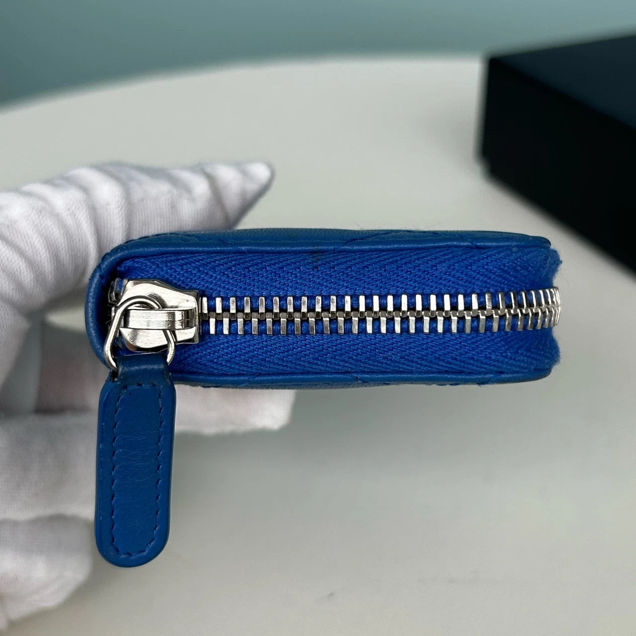 Chanel Diamond Lambskin Card Wallet Blue Silver Used Women Classic