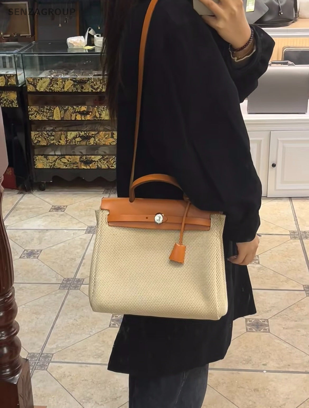 Hermes Vintage herbag31 Top Handle Canvas Shoulder Handbag Beige Women Orange