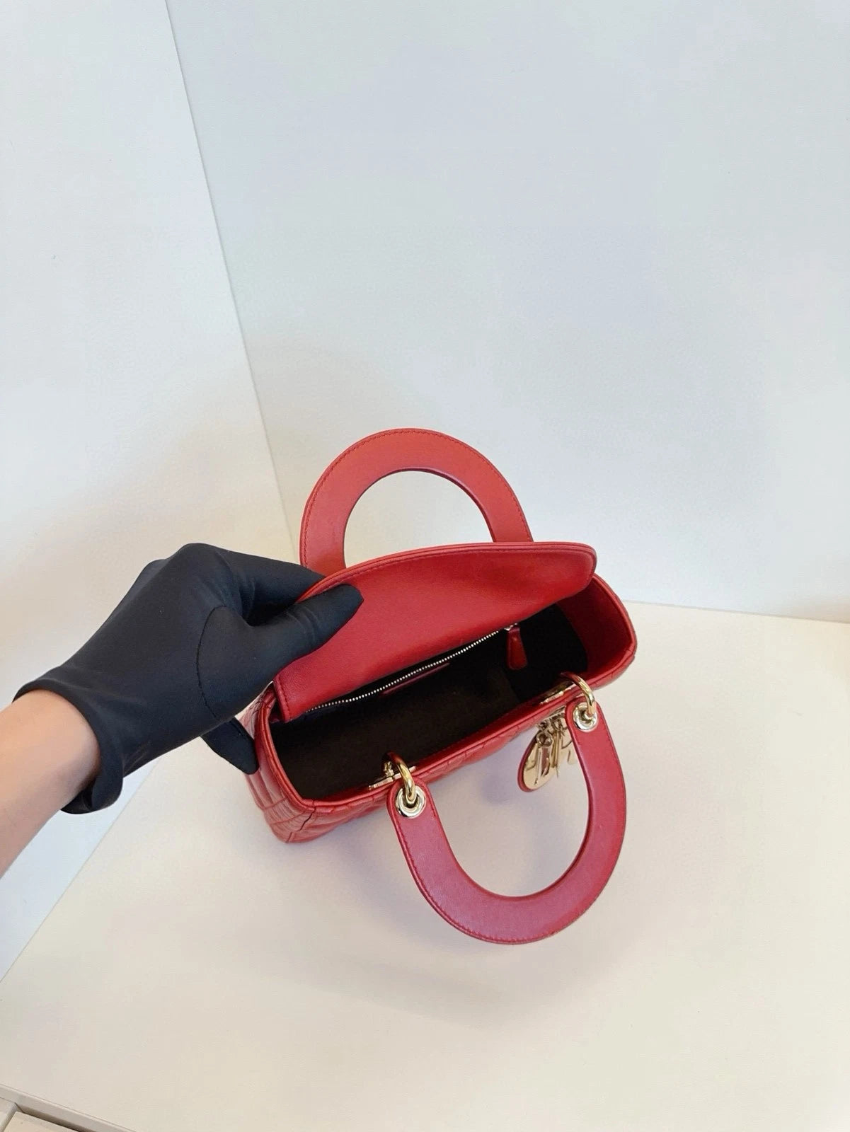 Dior Lady Dior Leather Red Shoulder Bag Excellent