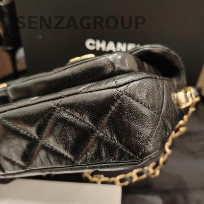 Chanel Black Gold Lambskin Messenger Chain Crossbody Bag Classic Women