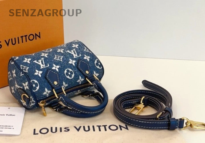 Louis Vuitton Speedy Nano Denim Top Handle Shoulder Crossbody Bag Blue Women
