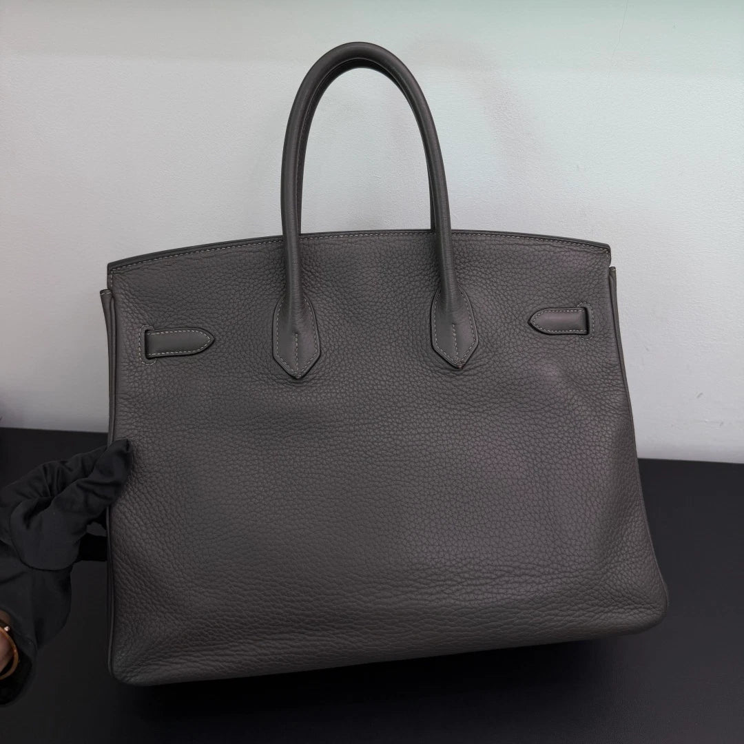 Authentic Hermes Birkin 35 Tote Top Handle Bag Grey Silver Hardware