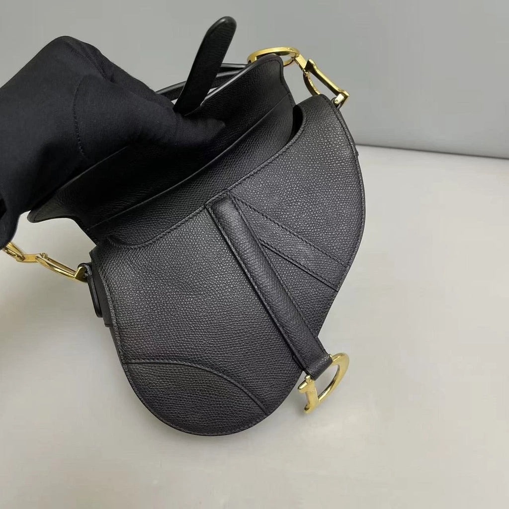 Christian Dior Saddle PM Shoulder Bag Black Gold Calfskin Women Classic