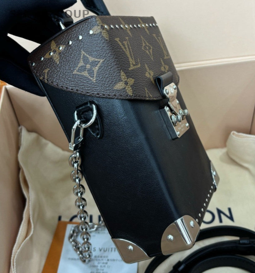 Louis Vuitton Monogram Camera Box Chain Shoulder Bag Black Brown Silver Women