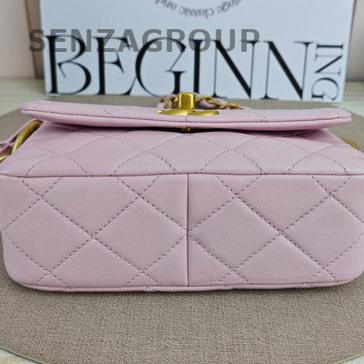 Chanel 24S Light Pink Gold Chain Hobo Shoulder Bag Quilted Pattern