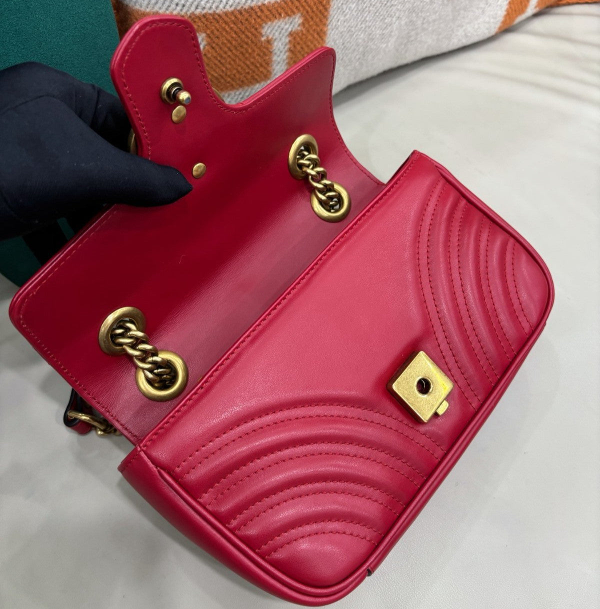 Gucci Marmont PM Chain Shoulder Bag Crossbody Red Gold Women Classic