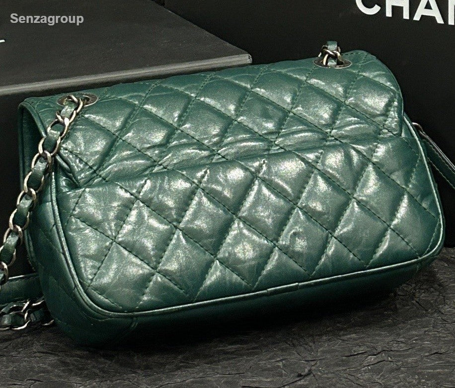 Chanel Diamond Mini Chain Shoulder Bag Crossbody Green Silver Women Classic