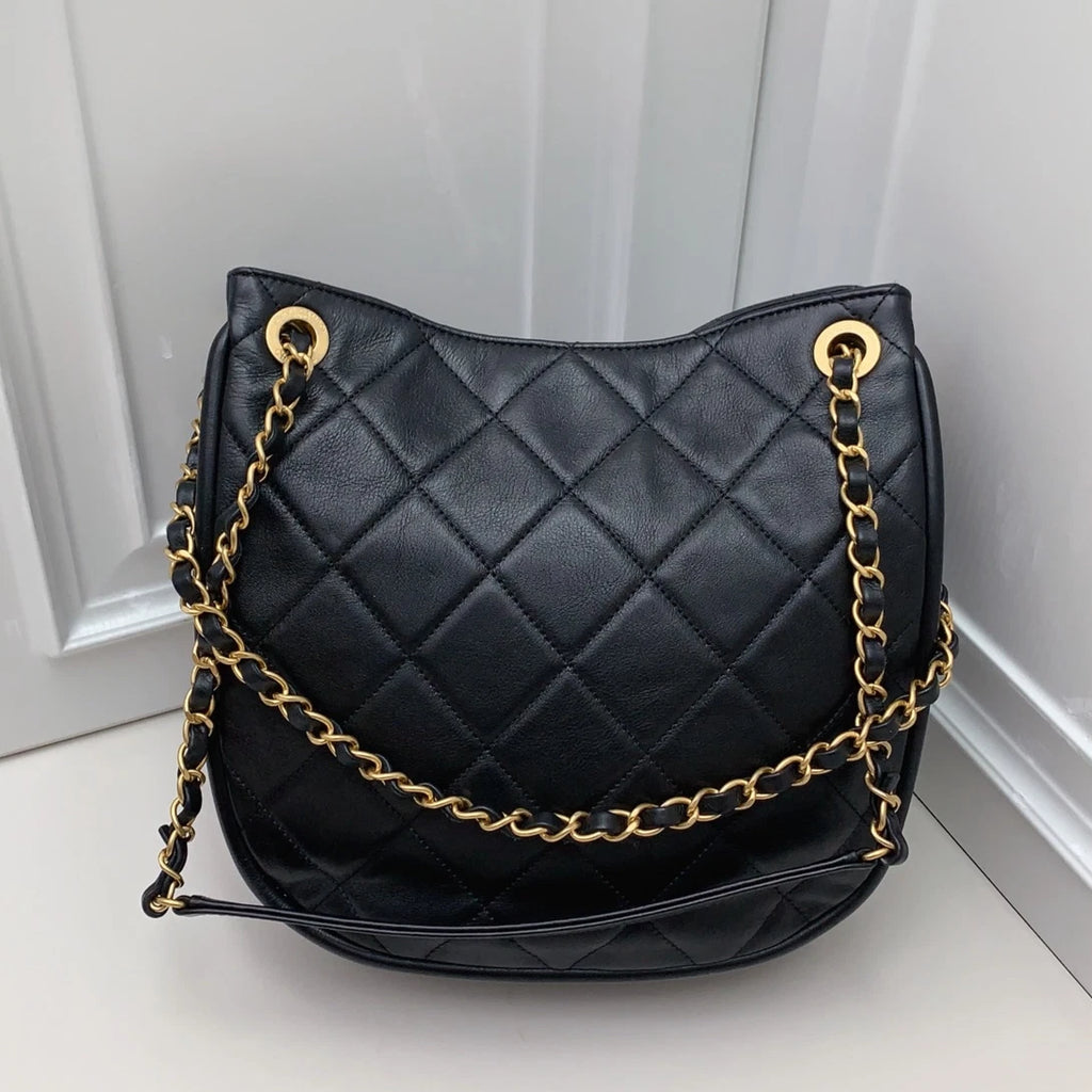 Chanel Diamond Hobo Chain Shoulder Bag Black Gold Used Women Classic
