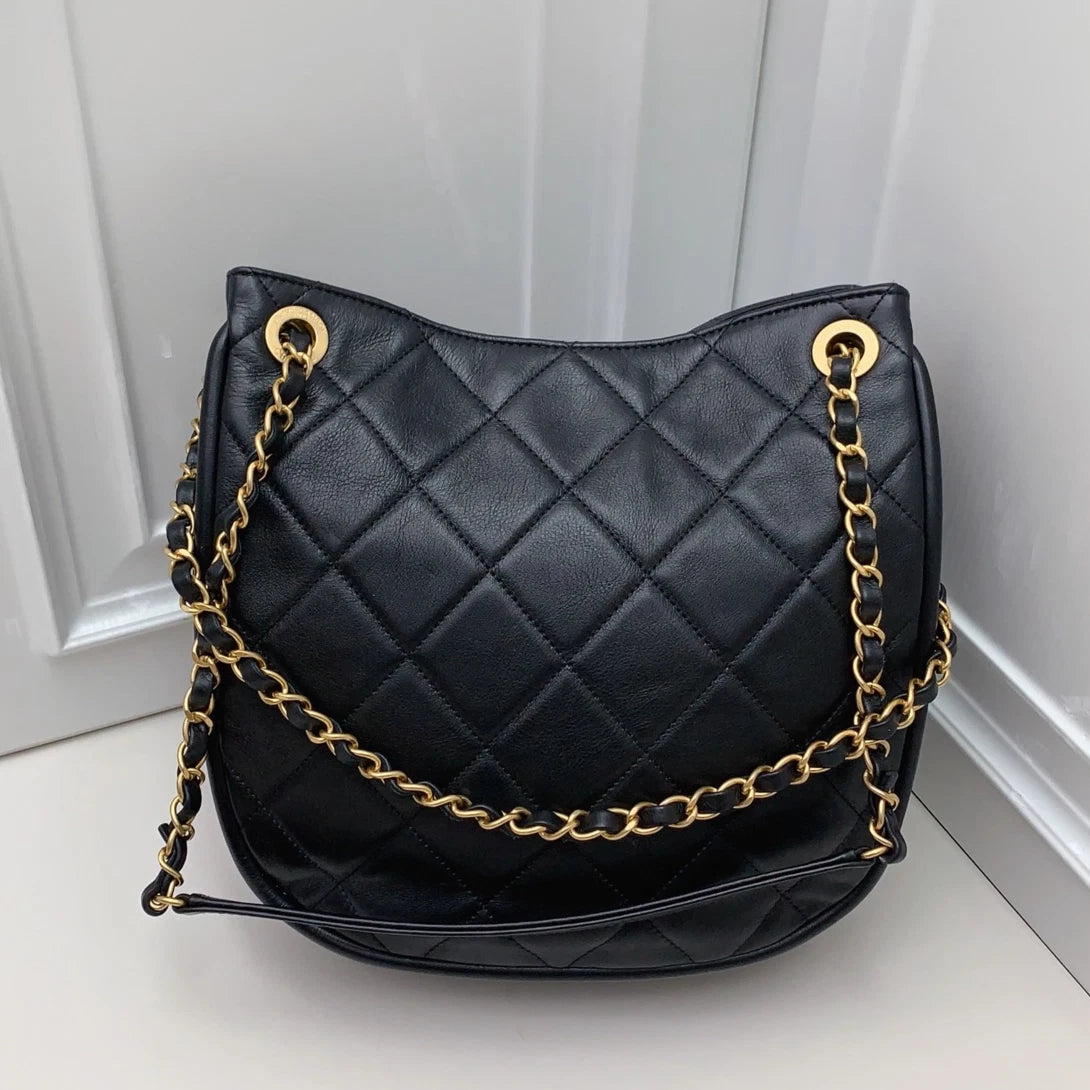 Chanel Diamond Hobo Chain Shoulder Bag Black Gold Used Women Classic