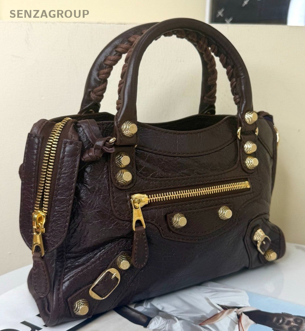 Balenciaga Mini 2Way Top Handle Bag Crossbody Brown Gold Women Classic