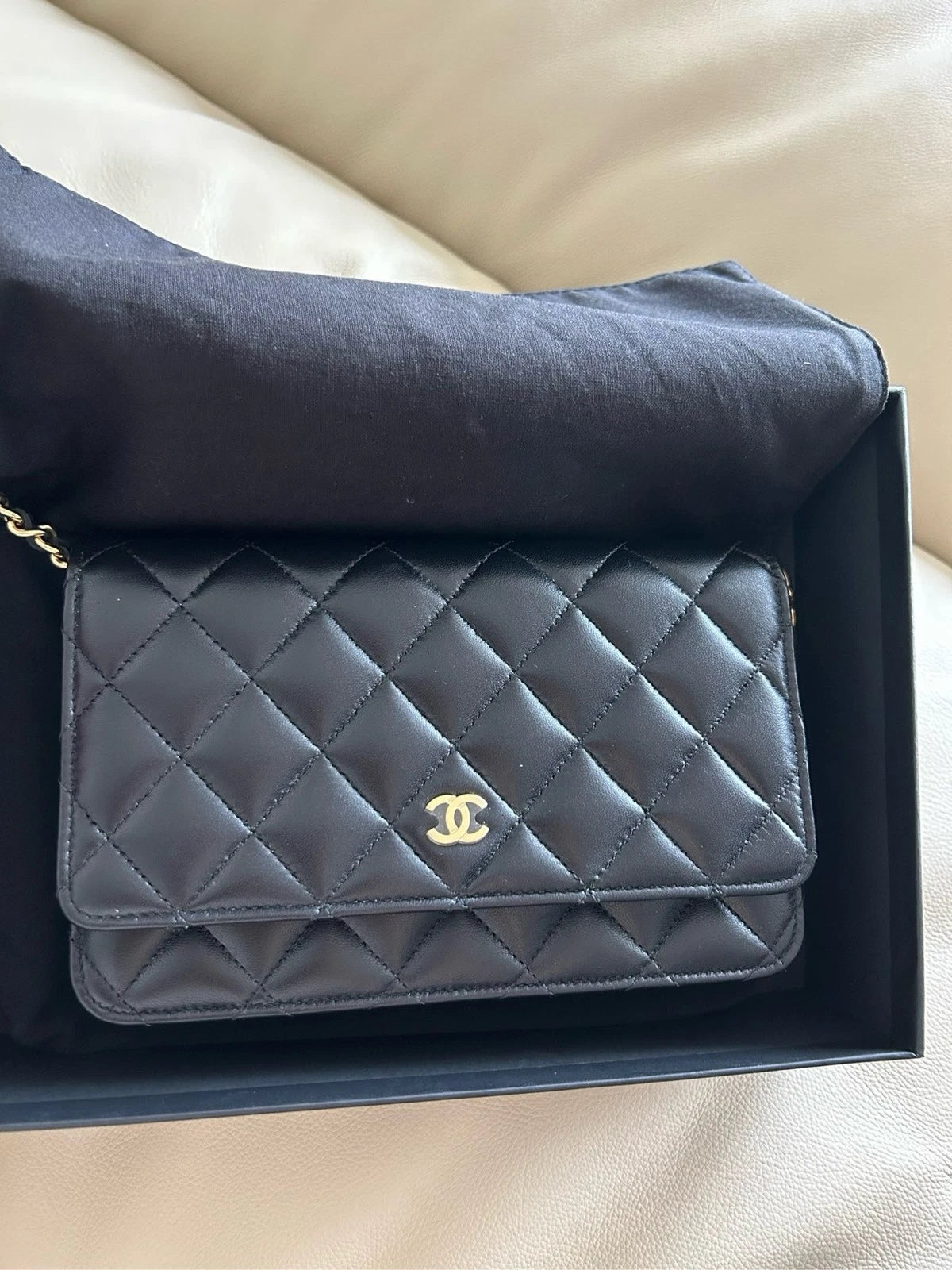 CHANEL Black Gold Lambskin WOC Crossbody Bag For Women