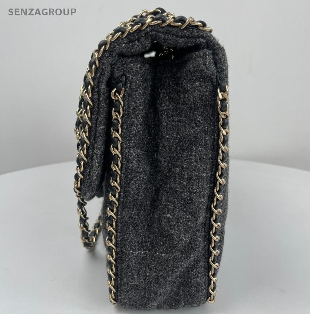 Chanel Tweed Trim Classic Flap Chain GM Shoulder Bag Gray Gold Used Women
