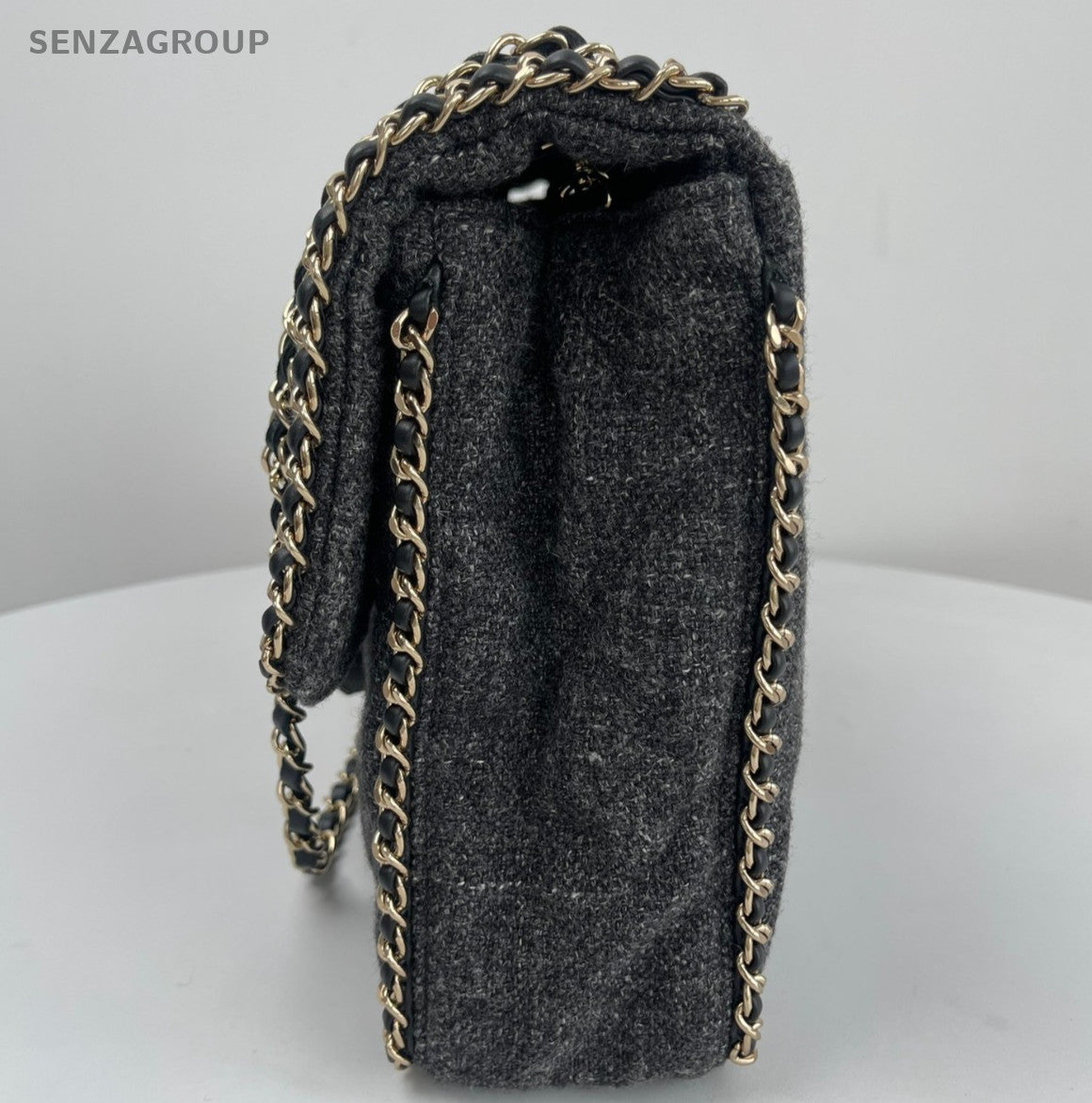 Chanel Tweed Trim Classic Flap Chain GM Shoulder Bag Gray Gold Used Women