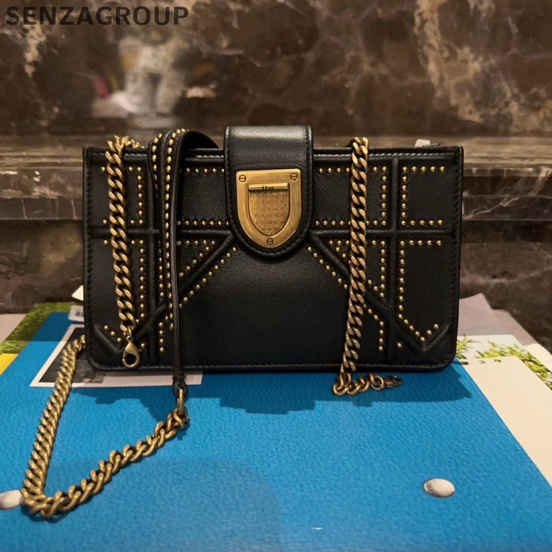 Dior Diorama Mini Black Gold Rivet Shield Crossbody Handbag For Women
