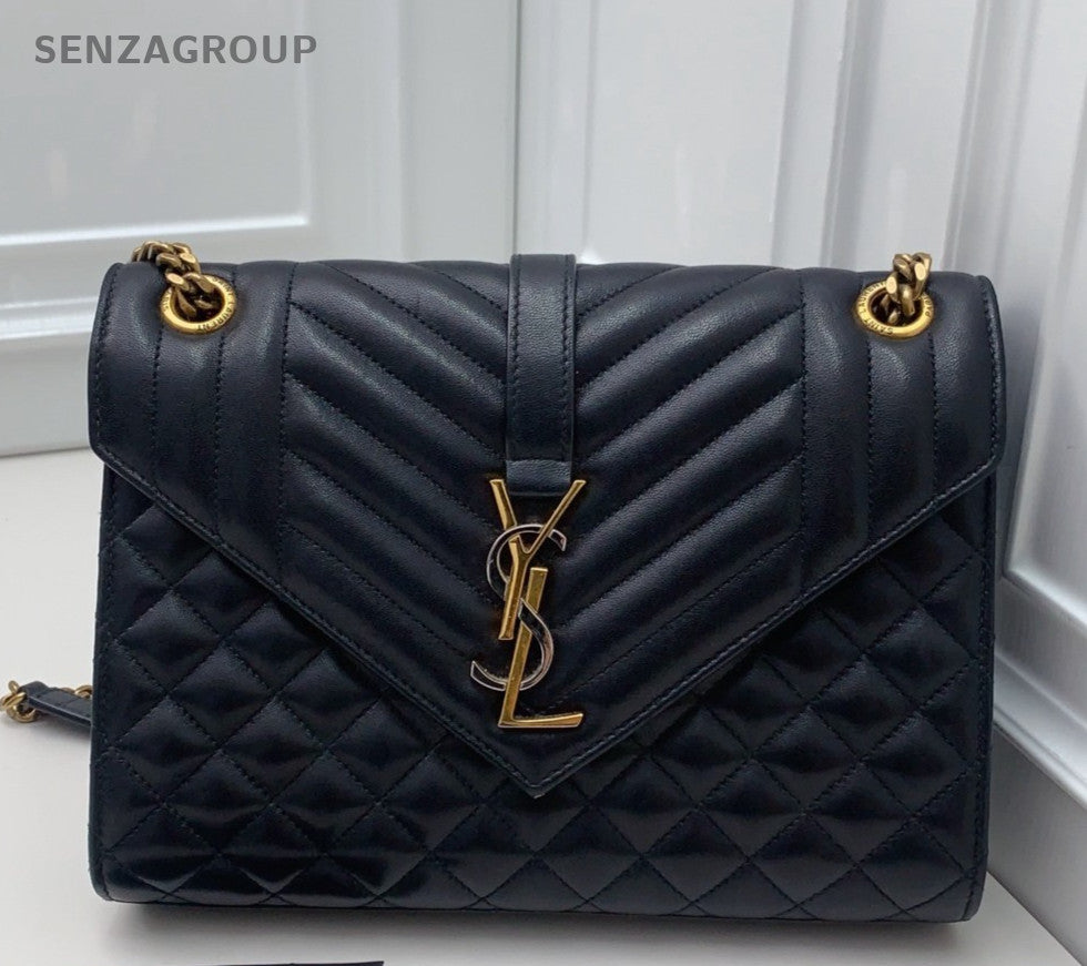 Saint Laurent Envelope Chain 2Way Crossbody Shoulder Bag Black Gold Women