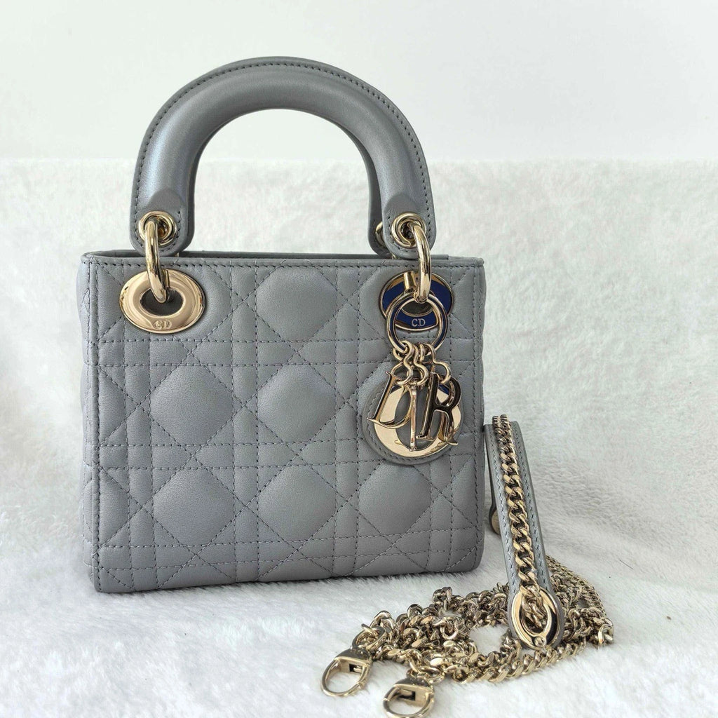 Dior Lady Dior Lambskin Gray Crossbody Top Handle Excellent