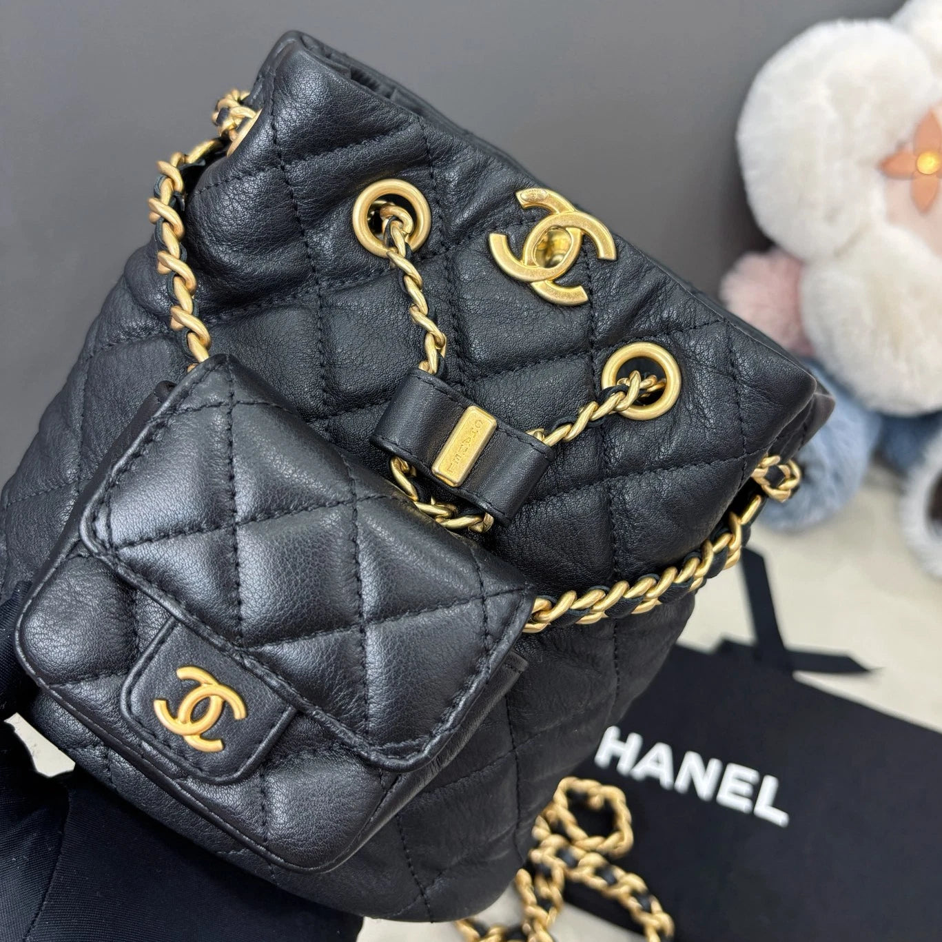 Chanel Diamond Calfskin Chain Backpack Black Gold Women Classic