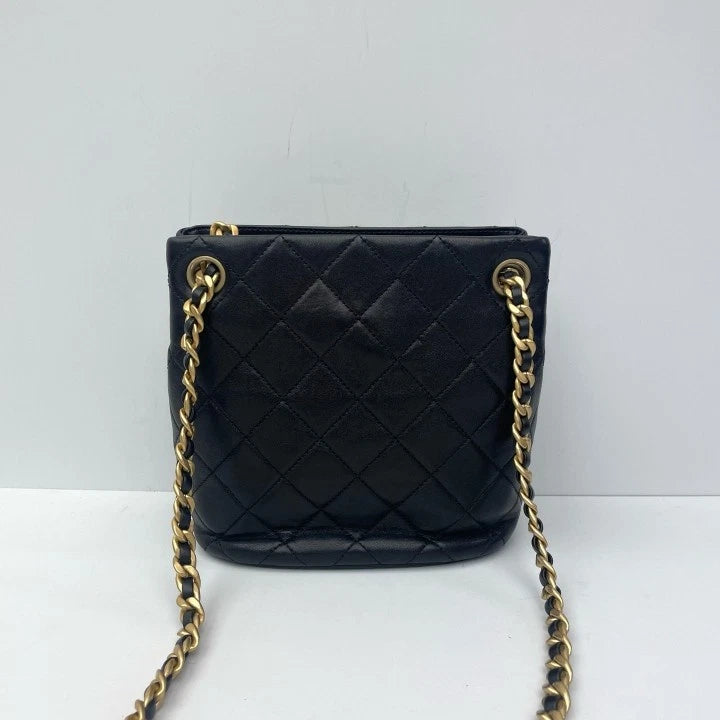 CHANEL Black Gold Lambskin Hobo Bucket Bag For Women