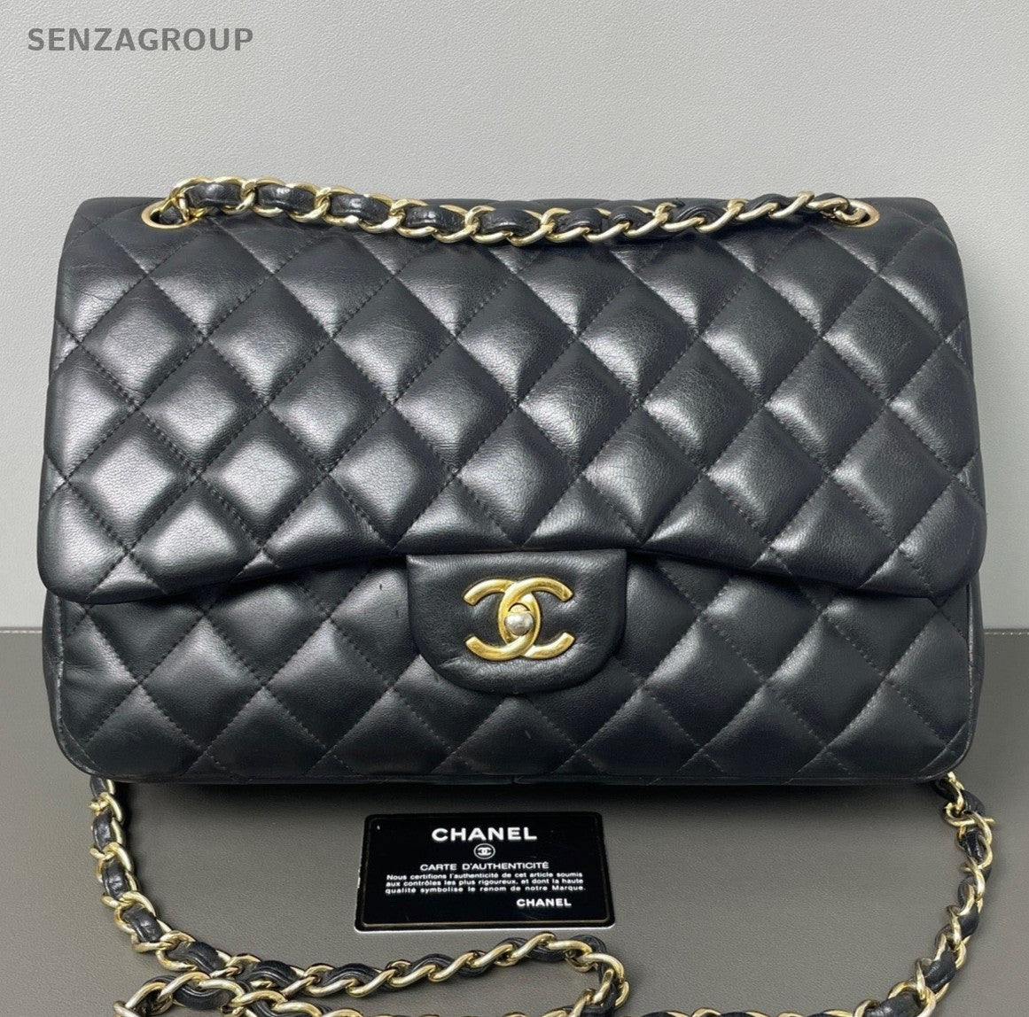 Chanel Classic Flap Jumbo Chain Shoulder Bag Crossbody Black Gold Women Fashion