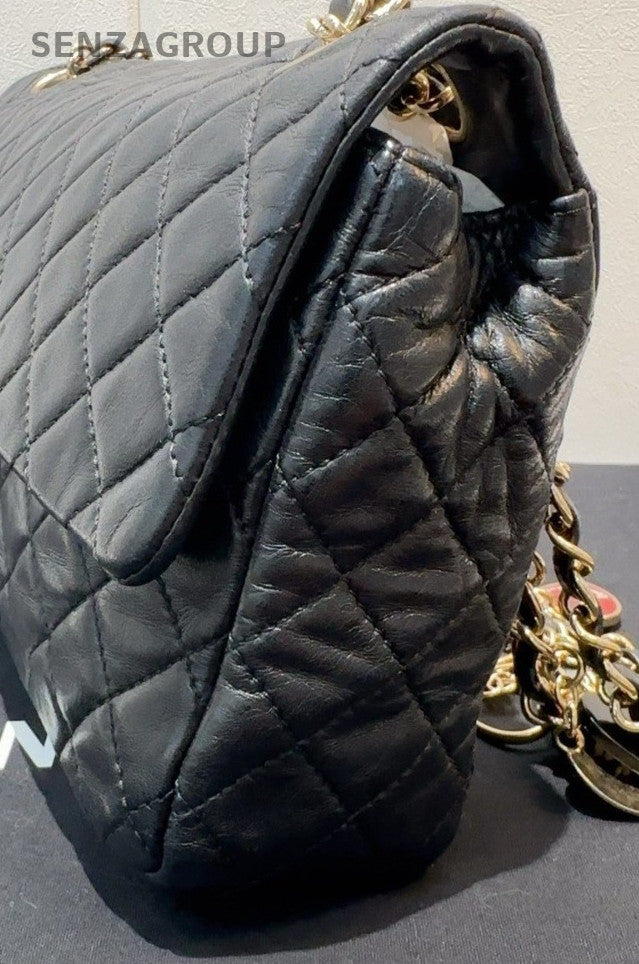Chanel Classic Flap MM Lambkin Heart Chain Shoulder Bag Black Gold Women