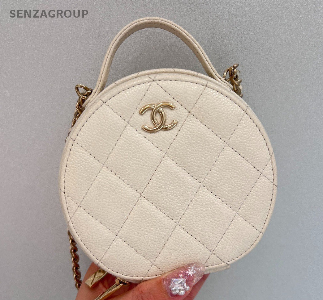 Chanel Diamond Calfskin Mini Round Bag Chain Crossbody White Gold Women Classic