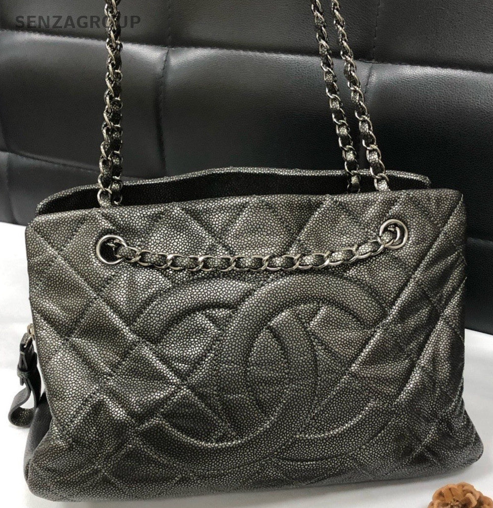 Chanel CC Logo Chain Shoulder Bag Black Silver Diamond Women Classic Designer