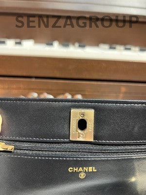 Chanel Black Gold Pearl Handle WOC Chain Crossbody Shoulder Bag