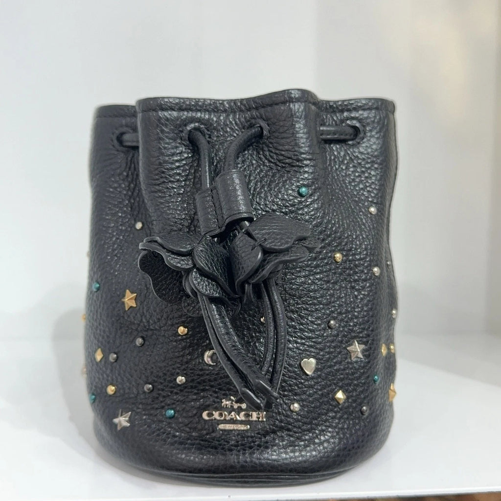 Coach Petal 14 Black Leather Starry Rivet Handbag For Women