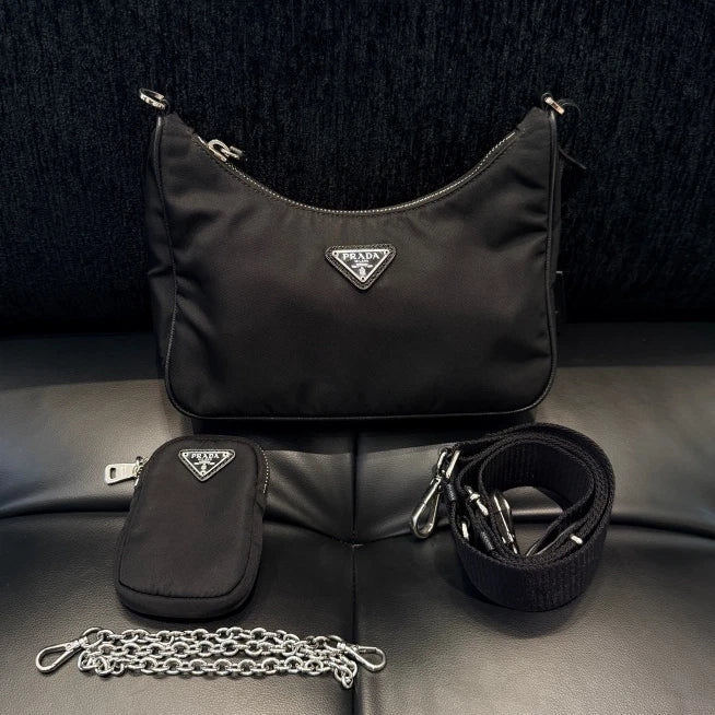 Prada Nylon 3-in-1 Chain Shoulder Crossbody Bag Black Silver Women D