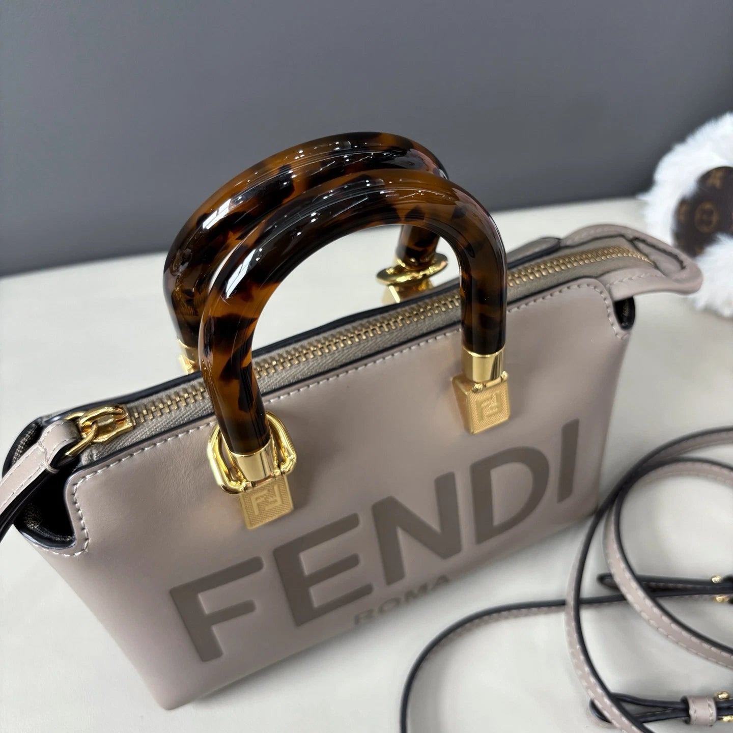 Fendi Bytheway Mini Top Handle Bag Crossbody Gray Gold Used Women Classic