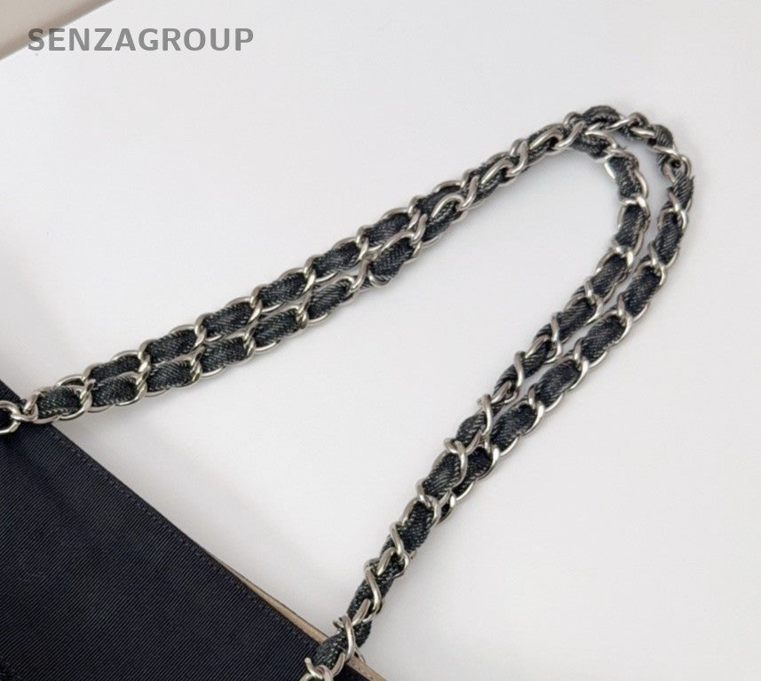 Chanel Denim CC Logo Tote Chain Shoulder Bag Black Silver Women Classic