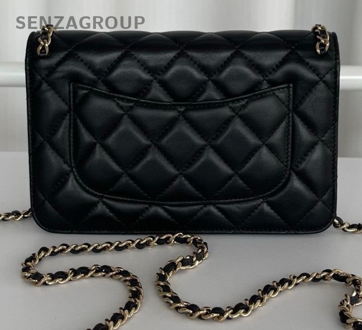 Chanel WOC Chain Shoulder Bag Crossbody Black Gold Women Classic Diamond
