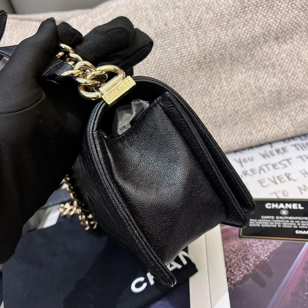 Chanel Leboy PM Calfskin Chain Shoulder Crossbody Black Gold Chevron Women