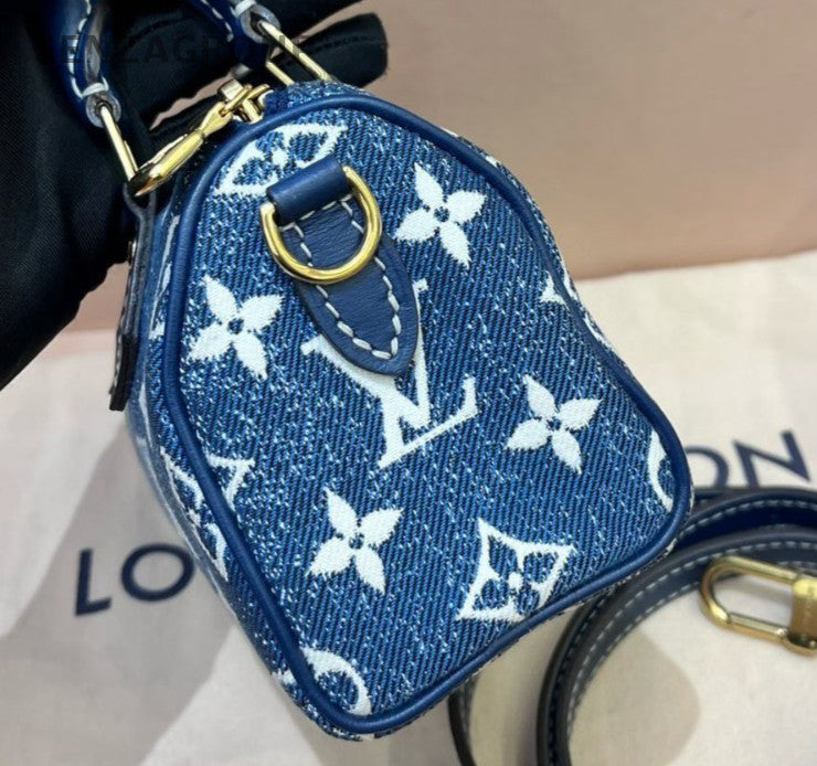 Louis Vuitton Speedy Nano Denim Monogram Top Handle Crossbody Blue Gold Women
