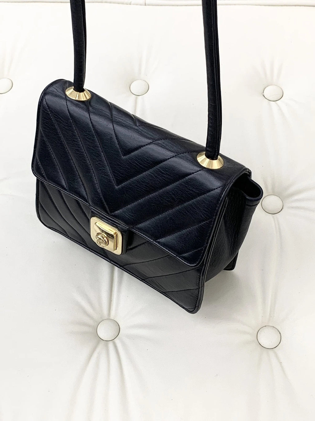 Chanel Chevron Lambskin Shoulder Bag Black Gold Hardware Women Classic S