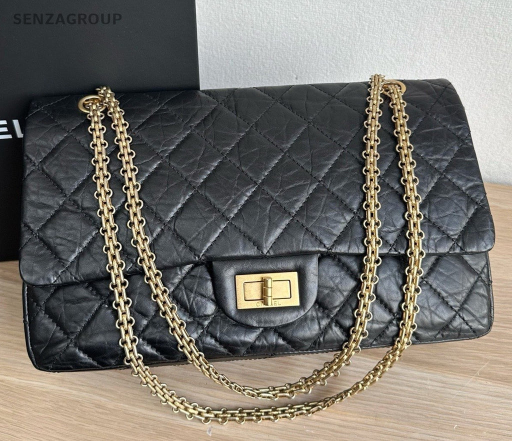 Chanel Calfskin GM Chain Shoulder Bag Black Gold Women Classic Diamond