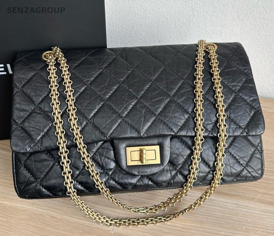 Chanel Calfskin GM Chain Shoulder Bag Black Gold Women Classic Diamond