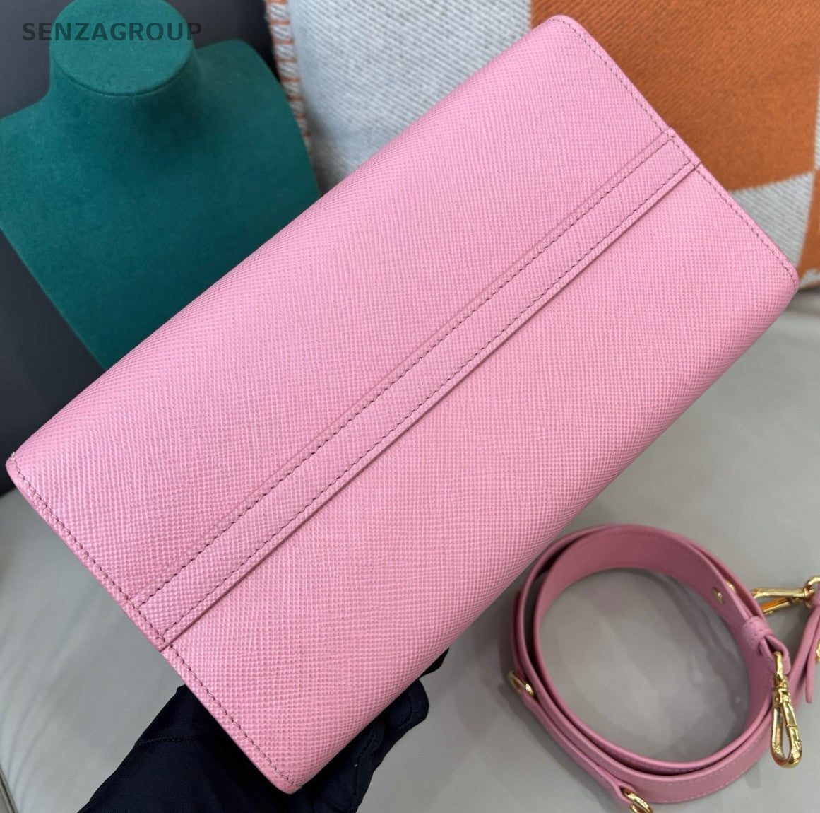 Prada Monochrome Calfskin 2Way Top Handle Bag Crossbody Pink Gold Women Classic
