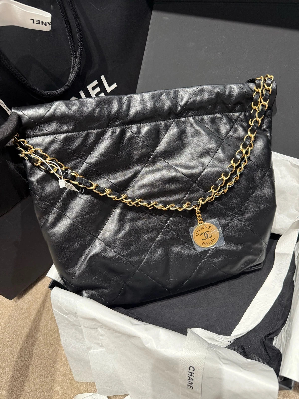 New CHANEL Calfskin 22 Small Black Tote Shoulder Bag For Women
